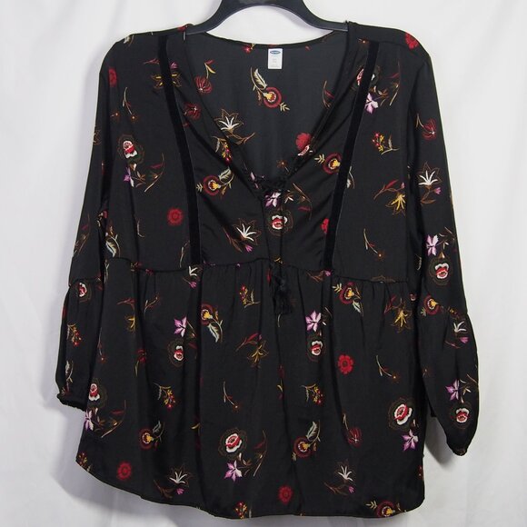 Old Navy Womens Black Boho Peasant Floral V Neck Tassel Tie Blouse Size XXL - Picture 2 of 15